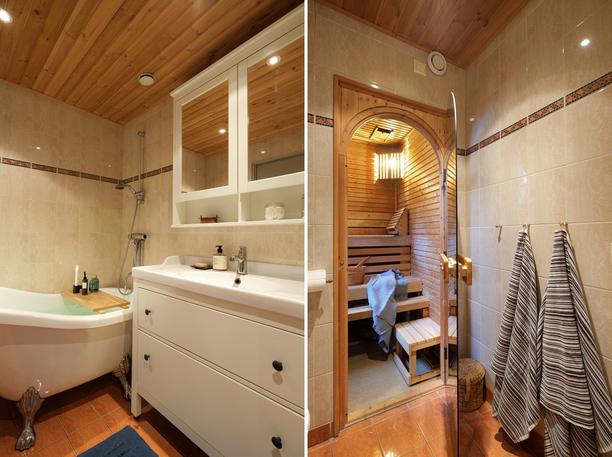 Fint tillbyggt atriumhus med inglasat uterum, eldstad och bastu